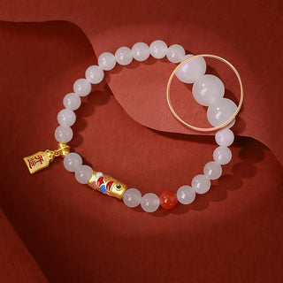 Buddha Gift 925 Sterling Silver Hetian White Jade Red Agate Koi Fish Luck Happiness Bracelet
