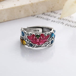 Buddha Gift 925 Sterling Silver Koi Fish Lotus Flower Prosperity Ring