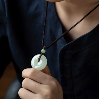 Buddha Gift Natural Round Jade Peace Buckle Luck Prosperity Necklace Pendant