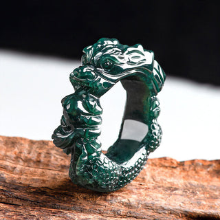 Buddha Gift Natural Cyan Jade Dragon Carved Success Ring