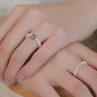 Buddha Gift Round Jade Pearl Beads Luck Ring