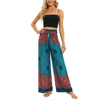 Buddha Gift Bohemian Compass Flower Print Lace-up Wide Leg Pants Women's Yoga Pants
