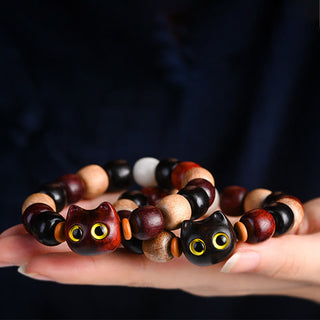 Buddha Gift Small Leaf Red Sandalwood Ebony Wood Cute Cat Engraved Protection Bracelet