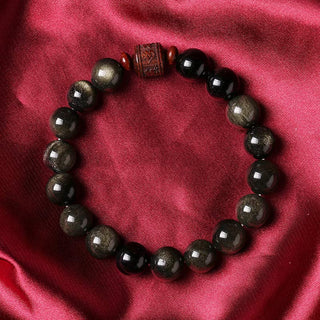 Buddha Gift Natural Gold Sheen Obsidian Rainbow Obsidian Om Mani Padme Hum Fu Character Healing Bracelet