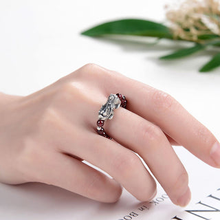 Buddha Gift 925 Sterling Silver Natural Garnet Moonstone Red Agate PiXiu Wealth Ring