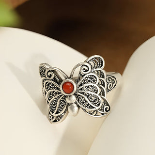 Buddha Gift 925 Sterling Silver Red Agate Butterfly Self-acceptance Ring Earrings Set