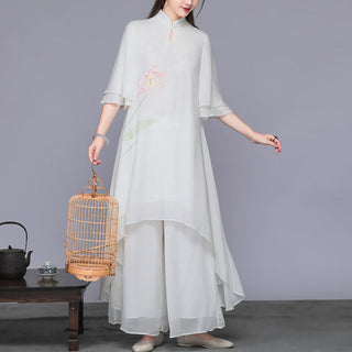 Buddha Gift 2Pcs Lotus Flower Cheongsam Midi Dress Wide Leg Pants Chiffon Zen Women's Set