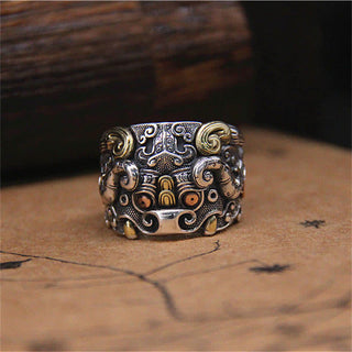 Buddha Gift 925 Sterling Silver Fengshui Kui Cattle Protection Adjustable Ring