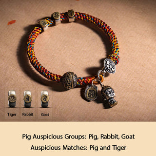 Buddha Gift Handmade Tibetan 925 Sterling Silver Chinese Zodiac Natal Buddha Zakiram Goddess of Wealth Protection Multicolored Rope Braided Bracelet