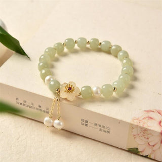 Buddha Gift Hetian Jade Flower Pearl Happiness Abundance Bracelet