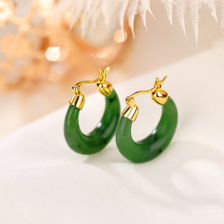 Buddha Gift 925 Sterling Silver Plated Gold Natural Round Hetian Cyan Jade Luck Drop Earrings