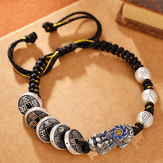 Buddha Gift 999 Sterling Silver FengShui PiXiu Copper Coin Fu Character Wealth Braided Bracelet