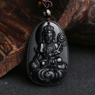 Buddha Gift Chinese Zodiac Natal Buddha Natural Black Obsidian Purification Necklace Pendant