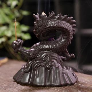 Buddha Gift Auspicious Dragon Ceramic Backflow Smoke Fountain Meditation Healing Incense Burner Led Ball Decoration