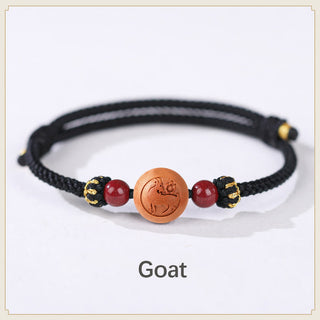Buddha Gift Natural Peach Wood Chinese Zodiac Fu Character Carved Cinnabar Wealth Bracelet