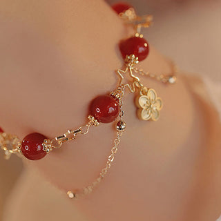 Buddha Gift 14k Gold Plated Red Agate Star Flower Charm Calm Bracelet