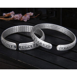 Buddha Gift 999 Sterling Silver Om Mani Padme Hum Heart Sutra Lotus Peace Bracelet Bangle