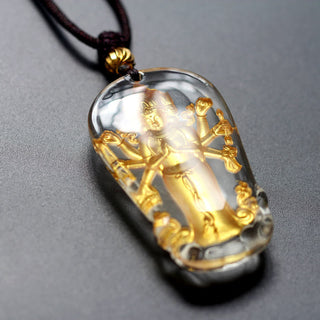 Buddha Gift Tibetan Eight-armed Avalokitesvara Guanyin Buddha Gold Plated Liuli Crystal Wealth Necklace Pendant
