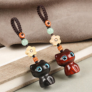 Buddha Gift Mini Small Leaf Red Sandalwood Ebony Wood Lucky Cat Lovely Kitty Peace Key Chain Phone Hanging Decoration
