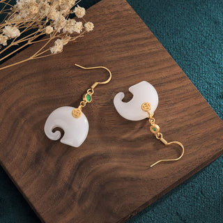 Buddha Gift FengShui Elephant White Jade Fortune Earrings