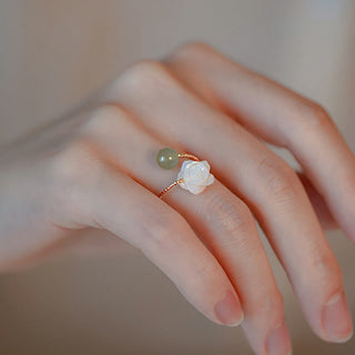 Buddha Gift 14K Gold Plated Tridacna Stone Rose Flower Jade Bead Blessing Ring