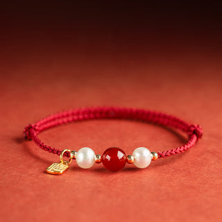 Buddha Gift 925 Sterling Silver Good Fortune Fu Character Agate Pearl Red String Braid Bracelet