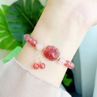 Buddha Gift Natural Strawberry Quartz Pink Crystal Lucky Cat Paw Love Bracelet
