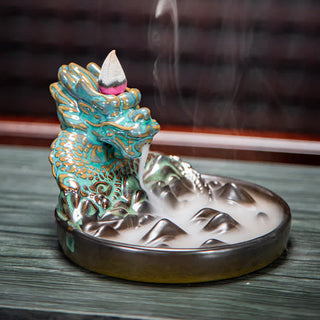 Buddha Gift Dragon Pattern Ceramic Backflow Smoke Fountain Incense Burner Decoration