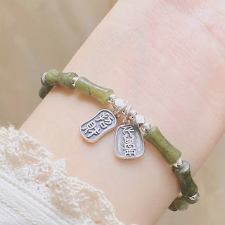 Buddha Gift 925 Sterling Silver Bamboo Jade Lucky Cat Fu Character Luck Abundance Bracelet