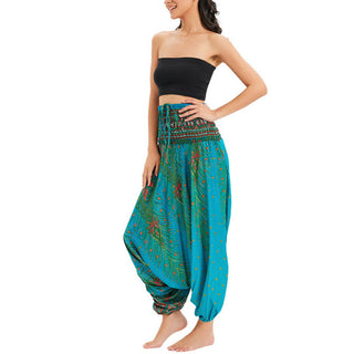 Buddha Gift Two Style Wear Peacock Feather Loose Smocked Harem Trousers Jumpsuit High Waist Pants