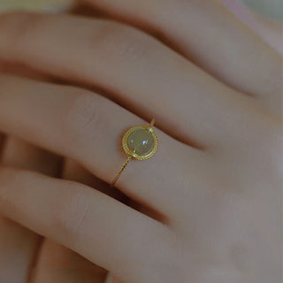 Buddha Gift 14K Gold Plated Round Jade Luck Prosperity Adjustable Ring