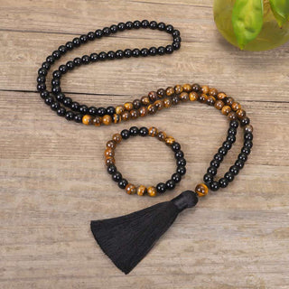 Buddha Gift Tibetan Black Onyx Tiger Eye Protection Necklace Mala Set