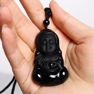Buddha Gift Natural Black Obsidian Crystal Buddha Strength Protection Amulet Lucky Charm Pendant Necklace