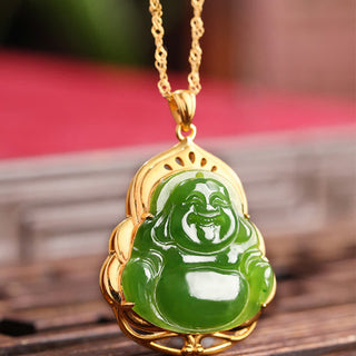 Buddha Gift 925 Sterling Silver Natural Hetian Cyan Jade Laughing Buddha 18K Gold Healing Necklace Chain Pendant