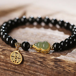 Buddha Gift Natural Black Obsidian Hetian Jade Gourd Double Happiness Strength Bracelet
