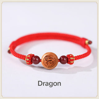 Buddha Gift Natural Peach Wood Chinese Zodiac Fu Character Carved Cinnabar Wealth Bracelet