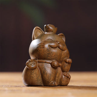 Buddha Gift Mini Green Sandalwood Ingot Lucky Cat Carved Peace Desk Decorations
