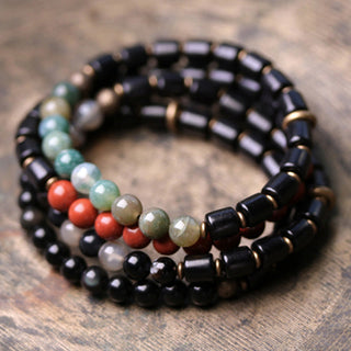 Buddha Gift Ebony Wood Red Jasper Moss Agate Crystal Copper Peace Couple Bracelet