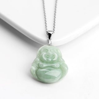 Buddha Gift 925 Sterling Silver Laughing Buddha Jade Blessing Necklace Chain Pendant