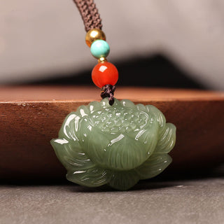 Buddha Gift Hetian Cyan Jade Lotus Flower Success Necklace Pendant