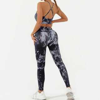 Buddha Gift 2Pcs Camo Print Backless Criss-Cross Strap Top Bra Shorts Leggings Pants Fitness Yoga Outfit Set