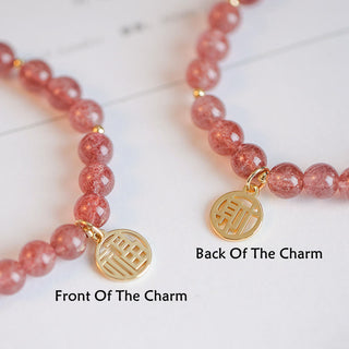 Buddha Gift 14K Gold Plated Strawberry Quartz Fu Character Healing Charm Bracelet