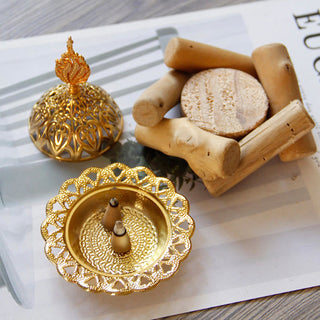 Buddha Gift Gold Alloy Healing Mini Incense Burner With Wooden Coaster Home Decor