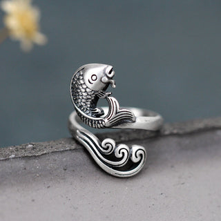 Buddha Gift 925 Sterling Silver Koi Fish Water Ripple Luck Wealth Ring