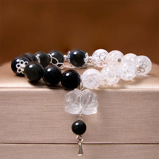 Buddha Gift Silver Sheen Obsidian Crackle Clear Quartz Black Rutilated Quartz Yin Yang Lotus Protection Bracelet