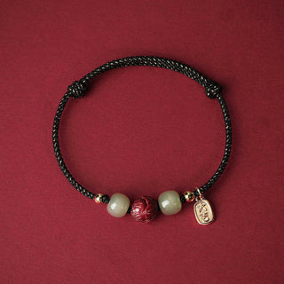 Buddha Gift 14K Gold Plated Hetian Jade Cinnabar Lotus Luck Handcrafted Rope Bracelet