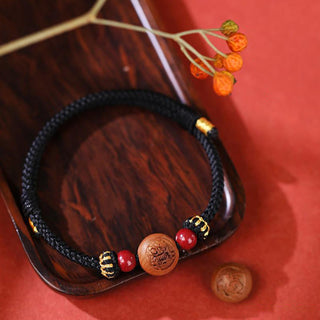 Buddha Gift Natural Peach Wood Chinese Zodiac Fu Character Carved Cinnabar Wealth Bracelet