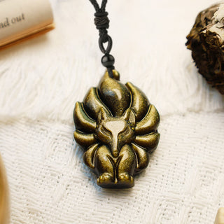 Buddha Gift Natural Fluorite Gold Sheen Obsidian Fox Pendant Protection Necklace