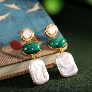 Buddha Gift 925 Sterling Silver Natural Baroque Pearl Malachite Healing Wisdom Drop Earrings