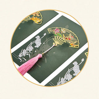 Buddha Gift Traditional Butterfly Lotus Flower Crane Dragon Phoenix Fox Koi Fish New Beginning Metal Brass Hollow Fan Bookmarks